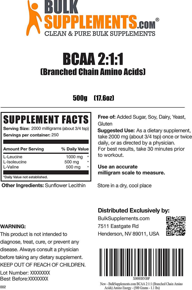 BulkSupplements.com BCAA 2:1:1 (Branched Chain Amino Acids) - BCAA Powder - Amino Acid Powder - BCAA Amino Acids - BCAA Pre Workout - Muscle Building Supplements for Men (500 Grams - 1.1 lbs)