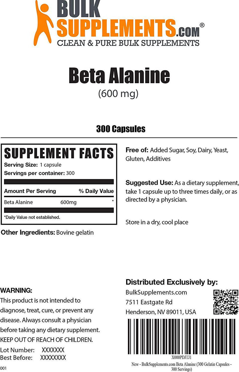 BulkSupplements.com Beta Alanine Capsules - Workout Recovery - Beta Alanine Pills - Unflavored Pre Workout - Muscle Recovery Supplements (300 Gelatin Capsules - 300 Servings)