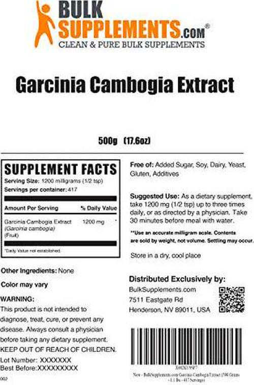 BulkSupplements.com Garcinia Cambogia Extract - Natural Weight Loss Supplement - Appetite Suppressant (500 Grams - 1.1 lbs)