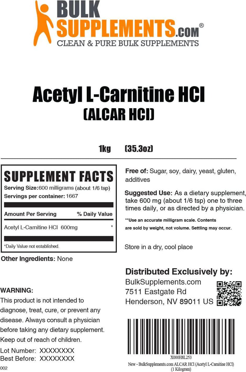 BulkSupplements.com ALCAR HCl Powder (Acetyl L-Carnitine) - Memory Supplements - Brain Supplements for Memory and Focus - Choline Supplements - Acetyl L Carnitine Powder (1 Kilogram - 2.2 lbs)
