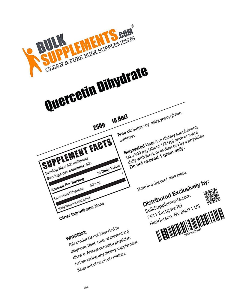 BulkSupplements.com Quercetin Dihydrate Powder - Quercetin Powder - Pure Quercetin 500mg Powder - Vegan Supplement - Lung Support Supplement - Antioxidants Supplement (250 Grams - 8.8 oz)
