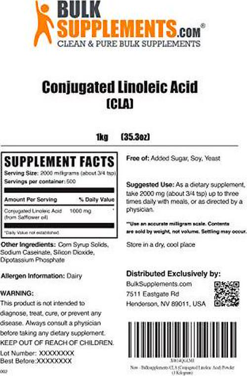 BulkSupplements.com Conjugated Linoleic Acid (CLA) Powder - Dietary Supplement for Weight Loss - Weight Loss Supplement - CLA Supplements - Stomach Fat Burner (1 Kilogram 2.2 lbs)