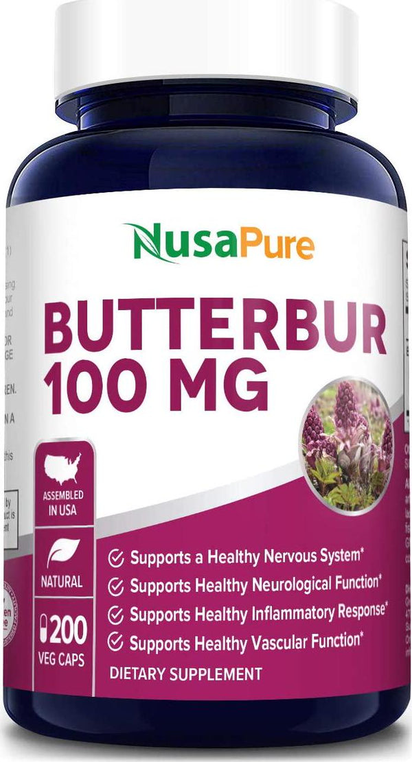 Butterbur Extract 100mg 200 Veggie Caps (Non-GMO, Vegetarian and Gluten Free) - Headache and Migraine Relief, Reduces Inflammation, Relieves Cold, Spasms and Pains