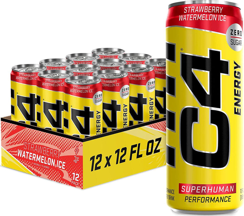 C4 Energy Drink 12oz (Pack of 12) - Strawberry Watermelon Ice - Sugar Free Pre Workout Performance Drink with No Artificial Colors or Dyes