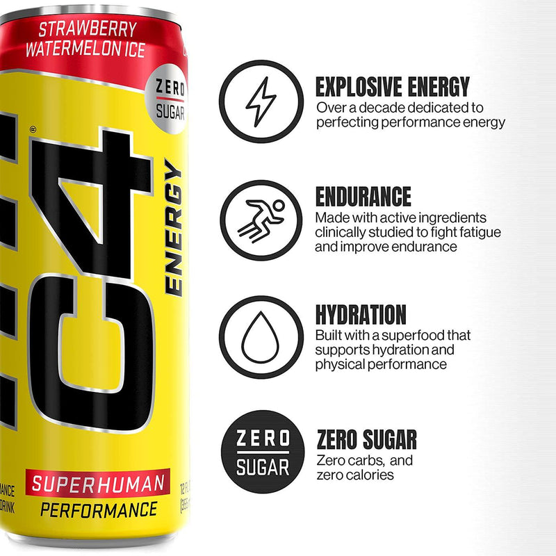 C4 Energy Drink 12oz (Pack of 12) - Strawberry Watermelon Ice - Sugar Free Pre Workout Performance Drink with No Artificial Colors or Dyes