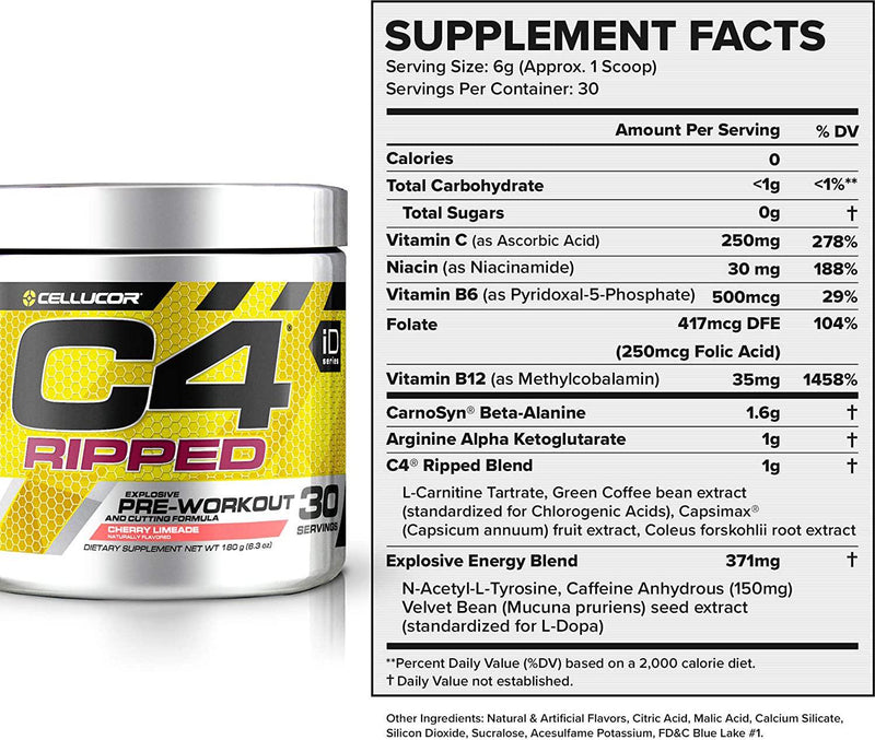 C4 Ripped Pre Workout Powder Cherry Limeade | Creatine Free + Sugar Free Preworkout Energy Supplement for Men and Women | 150mg Caffeine + Beta Alanine + Weight Loss | 30 Servings
