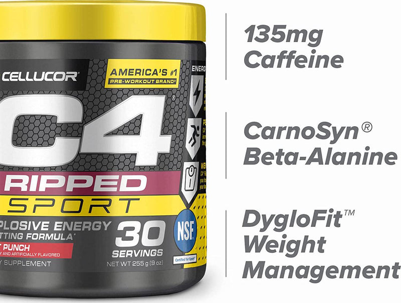 C4 Ripped Sport Pre Workout Powder Fruit Punch | NSF Certified for Sport + Sugar Free Preworkout Energy Supplement for Men and Women | 135mg Caffeine + Weight Loss | 30 Servings