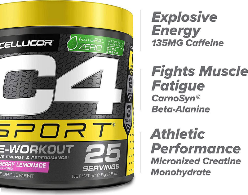 C4 Sport Pre Workout Powder Straberry Lemonade - Naturally Sweetened + Sugar Free Preworkout Energy Supplement for Men and Women - 135mg Caffeine + Creatine - 25 Servings