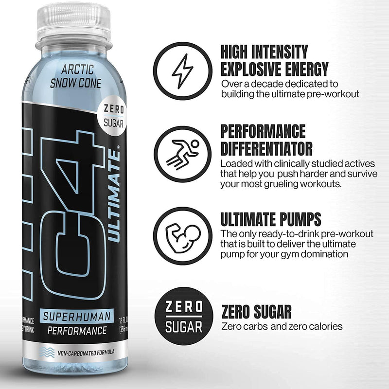 C4 Ultimate Non-Carbonated Zero Sugar Energy Drink, Pre Workout Drink + Beta Alanine, 12 Fl Oz (Pack of 12)