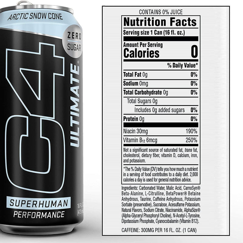 C4 Ultimate Sugar Free Energy Drink 16oz (Pack of 12) | Arctic Snow Cone | Pre Workout Performance Drink with No Artificial Colors or Dyes