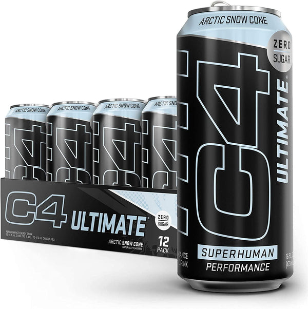 C4 Ultimate Sugar Free Sparkling Energy Drink Artic Snow Cone | 16oz (Pack of 12) | Pre Workout Performance Drink with No Artificial Colors or Dyes