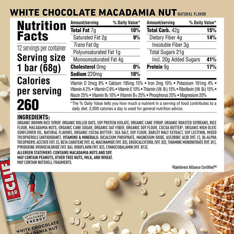 CLIF BARS - Energy Bars - White Chocolate Macadamia Nut Flavor - Made with Organic Oats - Plant Based Food - Vegetarian - Kosher (2.4 Ounce Protein Bars, 12 Count) Packaging May Vary
