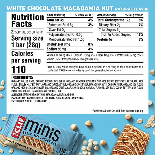 CLIF BARS - Mini Energy Bars - White Chocolate Macadamia Nut Flavor - Made with Organic Oats - Plant Based Food - Vegetarian - Kosher (0.99 Ounce Snack Bars, 20 Count)