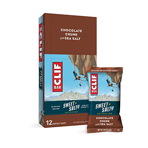 CLIF BARS - Sweet and Salty Energy Bars - Chocolate Chunk with Sea Salt - Made with Organic Oats - Plant Based Food - Vegetarian - Kosher (2.4 Ounce Protein Bars, 12 Count) Packaging May Vary