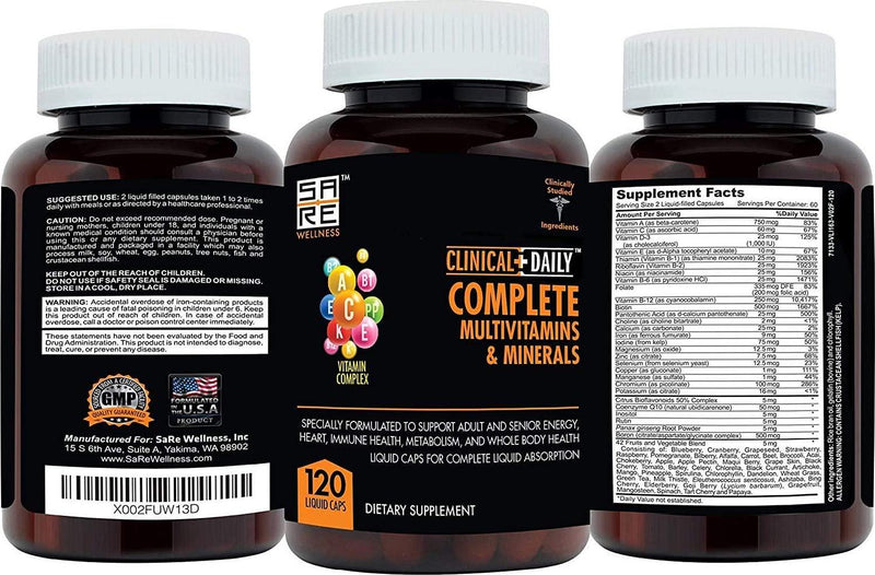 CLINICAL DAILY COMPLETE Whole Food Multivitamin Supplement For Women and Men. 120 Liquid Capsules = Complete Liquid Vitamin Absorption! 42 Superfood Fruits Vegetables - 360 Health, Young Adult to Senior