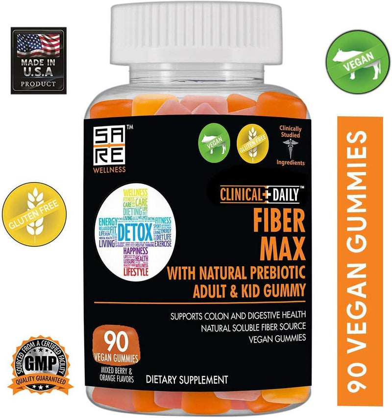CLINICAL DAILY Fiber Max, Vegan High Fiber Gummies for Adults and Kids. Constipation Relief for Adults and Kids. Prebiotic Inulin Fiber Supplement Gummies. 90 Gluten-Free Laxative Gummies for Gut Repair
