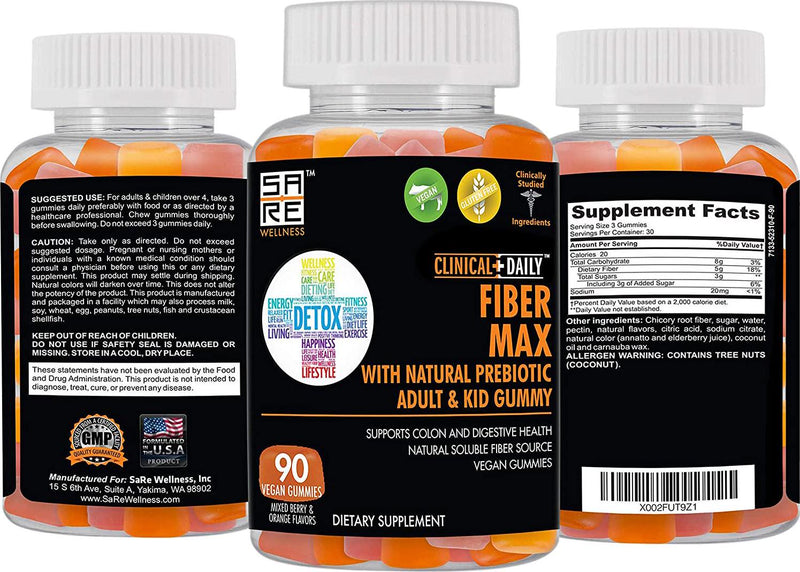 CLINICAL DAILY Fiber Max, Vegan High Fiber Gummies for Adults and Kids. Constipation Relief for Adults and Kids. Prebiotic Inulin Fiber Supplement Gummies. 90 Gluten-Free Laxative Gummies for Gut Repair
