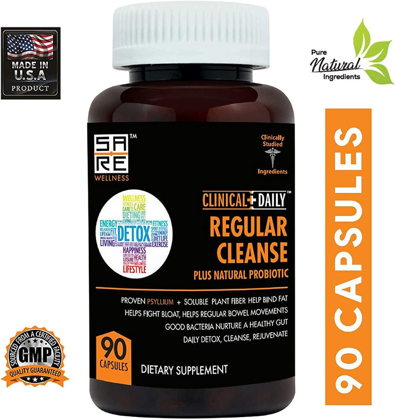 CLINICAL DAILY Regular Cleanse. Natural Colon Cleanser and Detox for Weight Loss and Constipation Relief. 90 Herbal Dietary Fiber Pills - Psyllium Husk Powder Capsules with Glucomannan, Aloe, PROBIOTICS