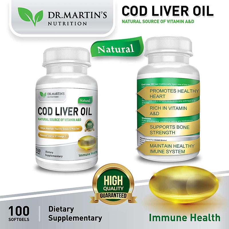 COD Liver Oil | 100 Softgels | Natural Source of Omega 3 Fatty Acids | 100% Organic Capsules | Triple Strength | Best Immune Health, Healthy Bones and Muscles Dietary Supplement | (100 Softgels)