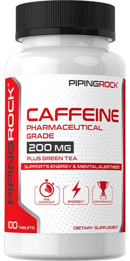 Caffeine Pills 200mg | 100 Tablets | Pre Workout Supplement | with Green Tea | by Piping Rock