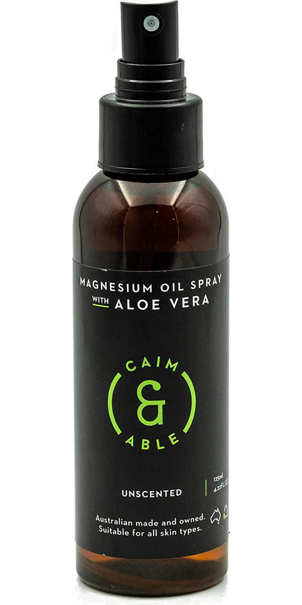 Caim and Able Magnesium Oil Spray Bottle with Aloe Vera 125ml - Less Itchy for Sensitive Skin - Australian Made Pure Amazing Magnesium Chloride Supplement - Transdermal Dermal Topical Therapy
