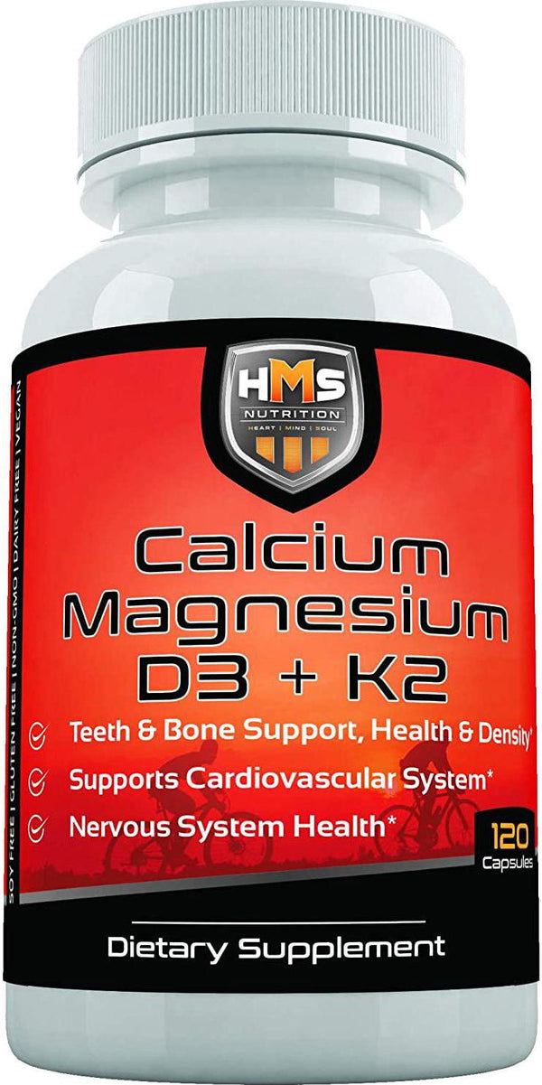 Calcium Magnesium Vitamin D3 and K2 HMS Nutrition 120 Capsules Supports Lung Health Immune System Strong Bones Teeth Non-GMO Soy and Dairy Free Vegan Calcium Orotate