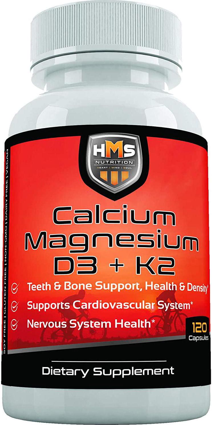 Calcium Magnesium Vitamin D3 and K2 HMS Nutrition 120 Capsules Supports Lung Health Immune System Strong Bones Teeth Non-GMO Soy and Dairy Free Vegan Calcium Orotate
