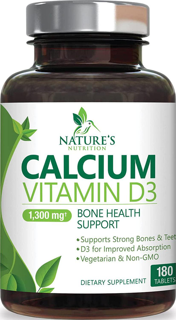 Calcium Supplement with Vitamin D3 - High Potency 1300mg Calcium Carbonate Supports Bone Health and Vitamin D3 for Immune Support and Fast Absorption - Non-GMO, for Women and Men - 180 Tablets