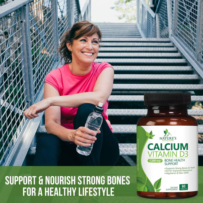 Calcium Supplement with Vitamin D3 Extra Strength 1300mg - Calcium Carbonate to Support Osteoporosis, Bones and Strong Teeth, Highly Absorbable Pills for Men and Women, Made in USA - 60 Tablets
