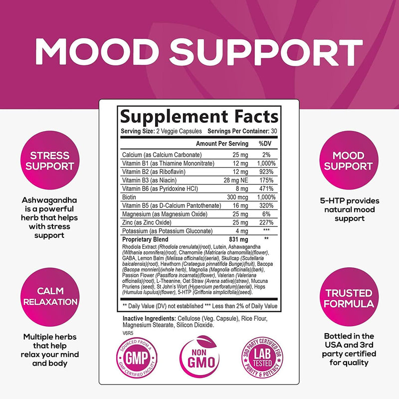 Calm Support Supplement - 1000mg Herbal Formula with 28 Powerful Ingredients Including Ashwagandha, L-Theanine, and GABA - for Natural Calm, Mood Support, Stress Support, and Relaxation - 60 Capsules