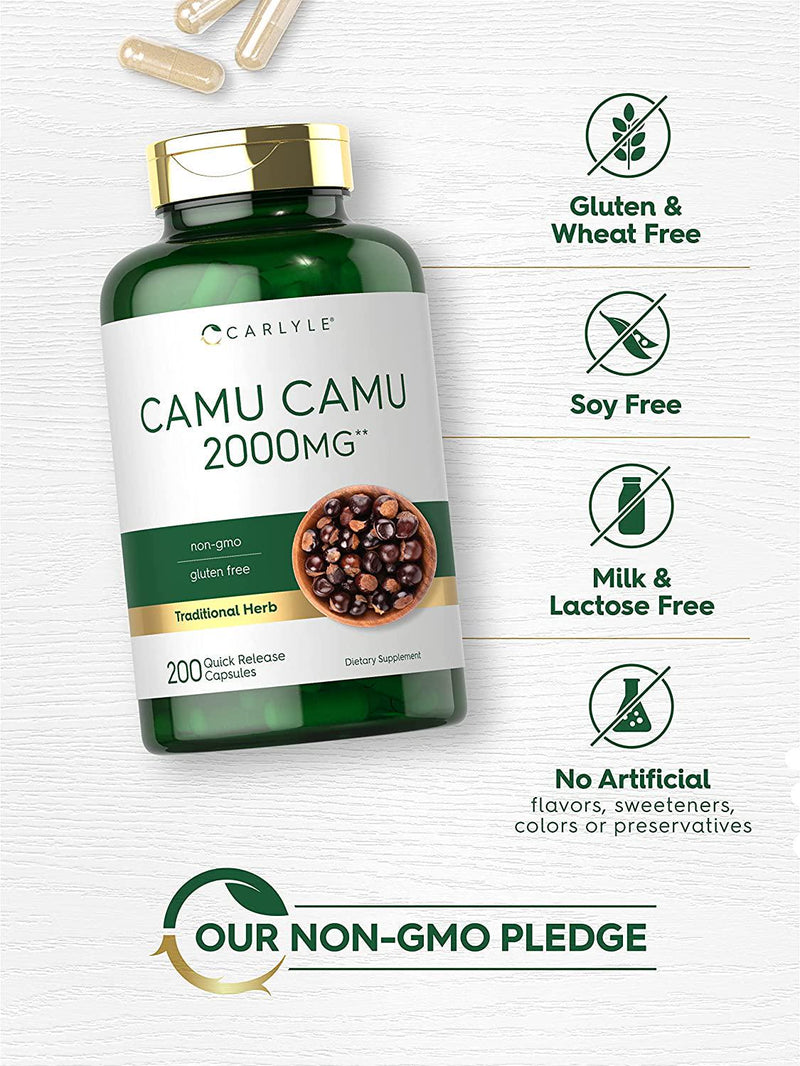 Camu Camu Capsules 2000mg | 200 Count | with Vitamin C | Non-GMO, Gluten Free | by Carlyle