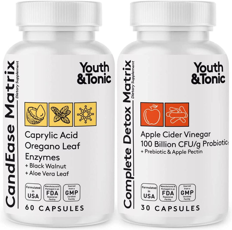 CandEase and Complete Detox Pills | Body Alkalise Restoring Normal Acidity Level | Digestive Balance and Gut Health Support | Cleanse Complex wIith More Probiotics Caprylic Acid Oregano Enzymes ACV
