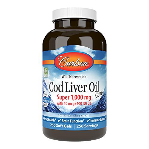 Carlson - Cod Liver Oil Gems, Super 1000 mg, 250 mg Omega-3s + Vitamins A and D3, Wild-Caught Norwegian Arctic Cod-Liver Oil, Sustainably Sourced Nordic Fish Oil Capsules, 250 Softgels