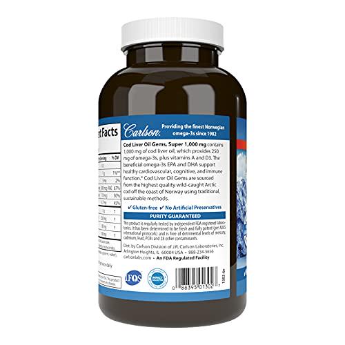 Carlson - Cod Liver Oil Gems, Super 1000 mg, 250 mg Omega-3s + Vitamins A and D3, Wild-Caught Norwegian Arctic Cod-Liver Oil, Sustainably Sourced Nordic Fish Oil Capsules, 250 Softgels
