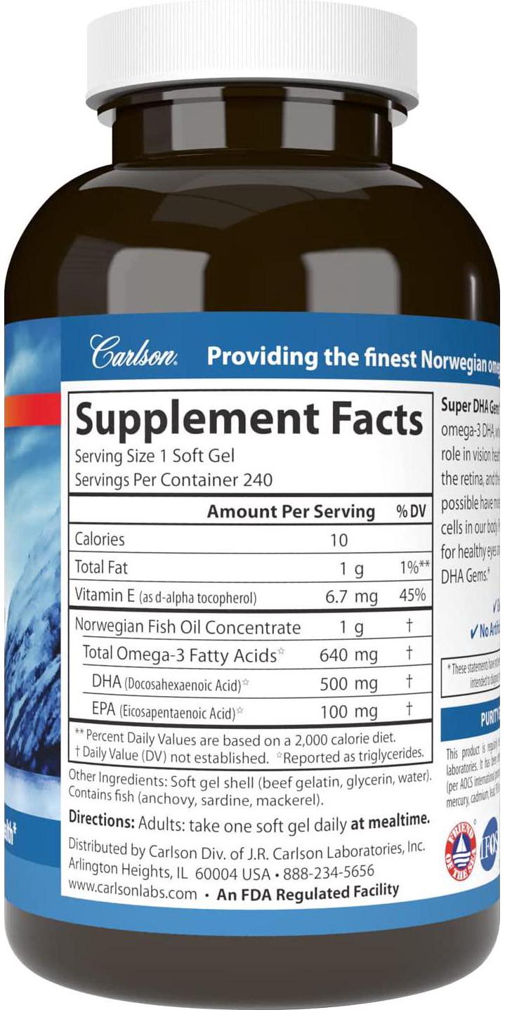Carlson Super DHA Gems - 500 mg DHA Supplements, 640 mg Fatty Acids, Norwegian Fish Oil Concentrate, Wild-Caught, Sustainably Sourced Fish Oil Capsules, 240 Softgels