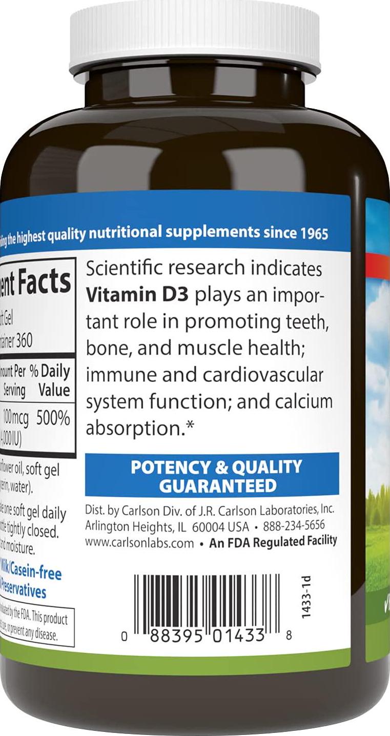 Carlson - Vitamin D3, 4000 IU (100 mcg), Bone and Immune Health, Cholecalciferol Supplement, Gluten Free Vitamin D Capsules, 360 Softgels