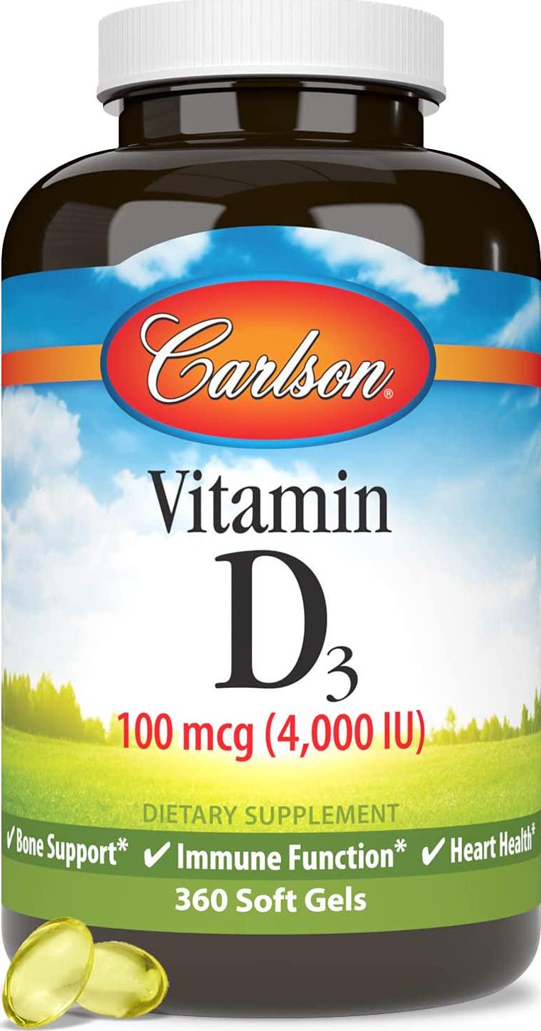 Carlson - Vitamin D3, 4000 IU (100 mcg), Bone and Immune Health, Cholecalciferol Supplement, Gluten Free Vitamin D Capsules, 360 Softgels