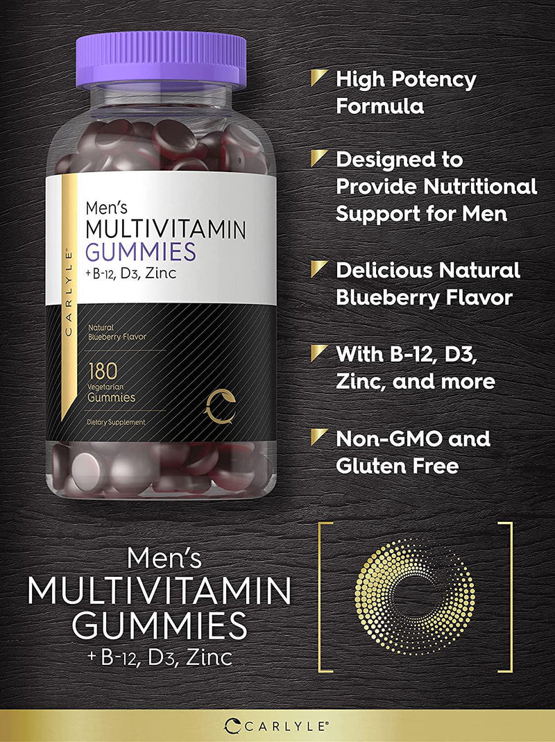 Carlyle Men's Multivitamin Gummies | 180 Count | Natural Blueberry Flavor | Vitamin C, D3 and Zinc | Vegetarian, Non-GMO, Gluten Free Supplement
