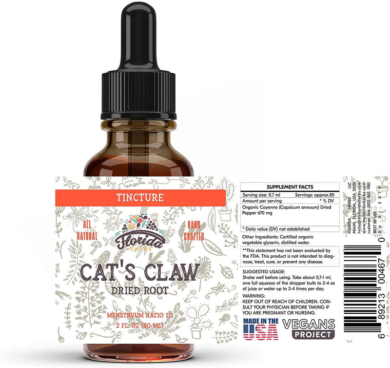 Cat's Claw Tincture, Certified Kosher Cat's Claw Extract, Cat's Claw Drops (Uncaria Tomentosa) Dried Bark Herbal Supplement, Non-GMO in Cold-Pressed Organic Vegetable Glycerin, 700 mg, 2 oz (60 ml)