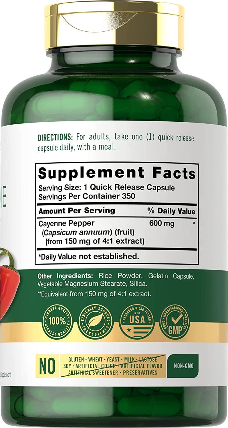 Cayenne Pepper Capsules 600mg | 350 Pills | Non-GMO, Gluten Free Supplement | by Carlyle