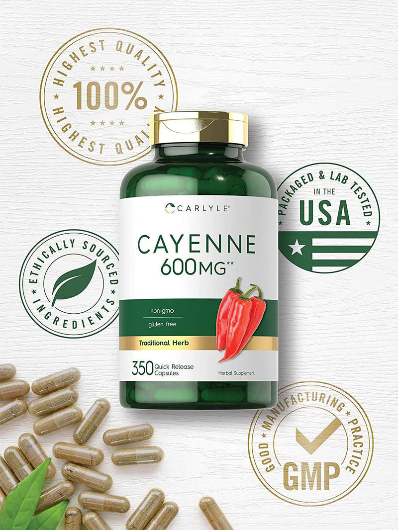 Cayenne Pepper Capsules 600mg | 350 Pills | Non-GMO, Gluten Free Supplement | by Carlyle