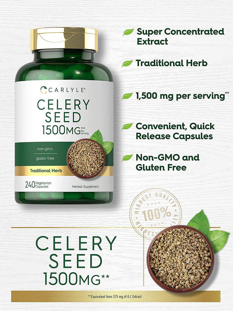 Celery Seed Extract Capsules | 1500mg | 240 Count | Non-GMO and Gluten Free Formula | Traditional Herb Supplement | by Carlyle