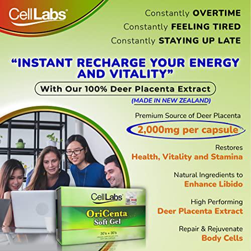 CellLabs OriCenta 100% Natural 2000mg Pure New Zealand Deer Placenta 60 Softgels| Active Stem Cell Rich In Nutrients, Minerals, Vitamins, Antioxidant|Support Healthy Energy Level, Slow Down Skin Aging