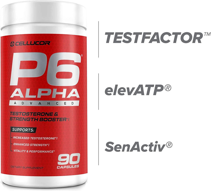 Cellucor P6 Alpha Advanced Testosterone and Strength Booster for Men - Boost Muscle Growth and Strength | Natural Test Booster w/TESTFACTOR, Ginseng, elevATP, DIM, SenActiv and Fenugreek - 90 Veggie Caps