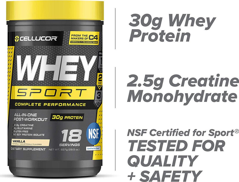 Cellucor Whey Sport Protein Powder Vanilla | Post Workout Recovery Drink with Whey Protein Isolate, Creatine and Glutamine | 18 Servings