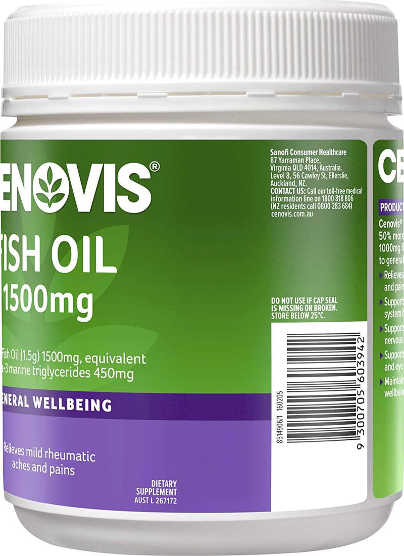 Cenovis Fish Oil 1500Mg - Relieves Mild Rheumatic Pains - Supports Brain Function - Supports General Health, 200 Capsules