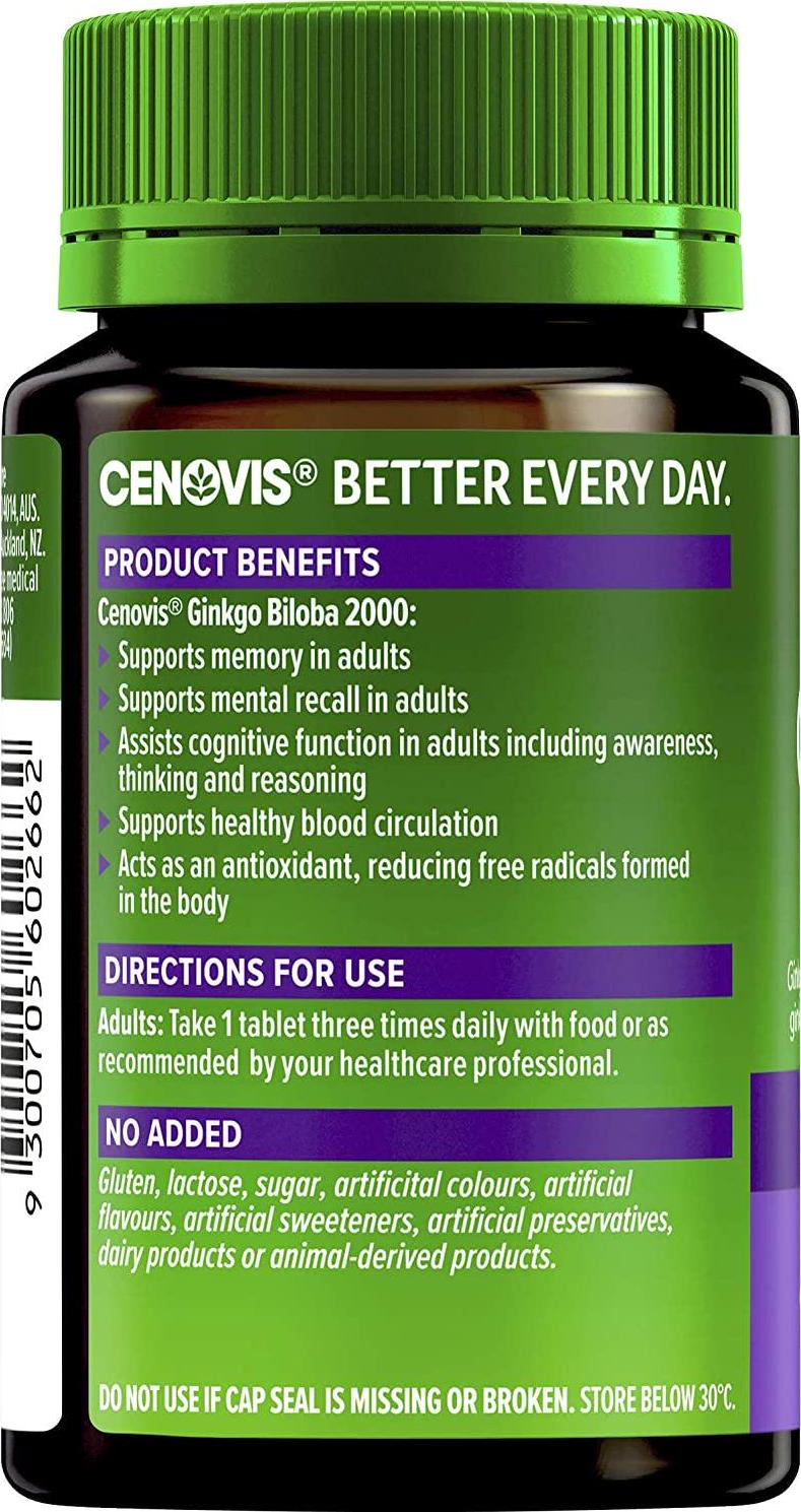 Cenovis Ginkgo Biloba 2000 - Supports Memory and Mental Recall in Adults - Assists Cognitive Function, 100 Tablets, Mostly Green (Pack of 1)