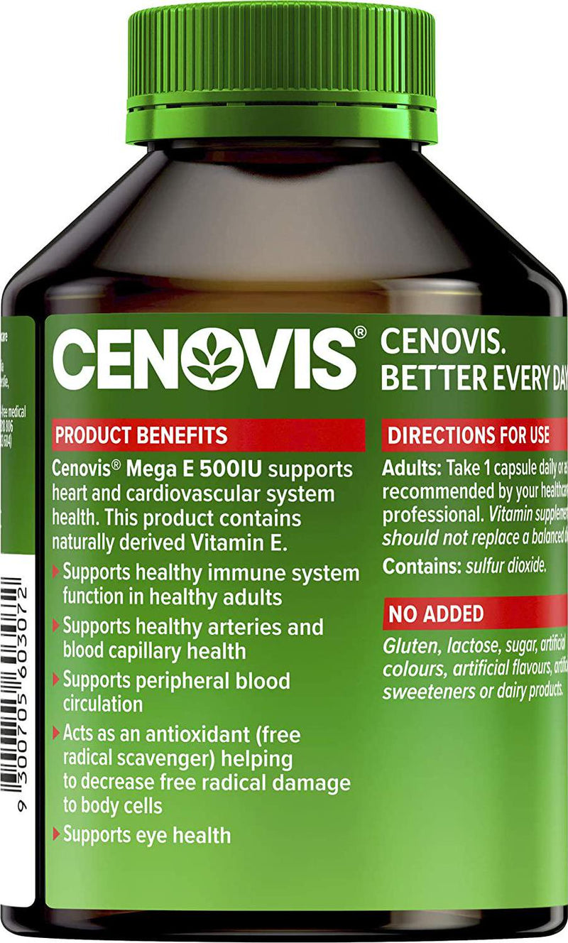 Cenovis Mega Vitamin E 500IU Capsules - Supports healthy immune system function in elderly individuals - supports general health and wellbeing, 100 Pack