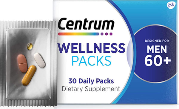 Centrum Wellness Daily Complete Multivitamin D3 for Men in their 60s, 25mcg, MSM 1000mg, Turmeric Complex, 30 Packs/1 Month Supply