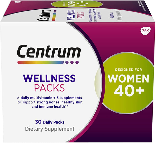Centrum Wellness Packs Daily Vitamins for Women in Their 40s, Women’s Vitamins with Complete Multivitamin, Calcium Carbonate 600mg with Vitamin D3, Collagen I and III and MSM 1000mg - 30 Packs/1 Month